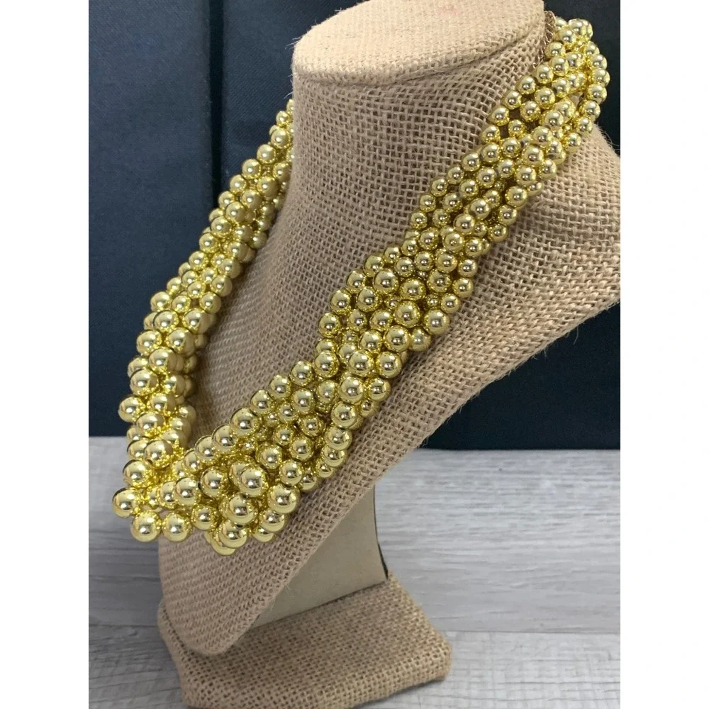 Vintage 90s Gold Tone Multi Strand Beaded Bib Necklace Chunky Statement Collar